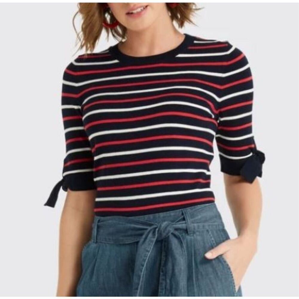 Draper James navy stripe bow short sleeve lightweight sweater